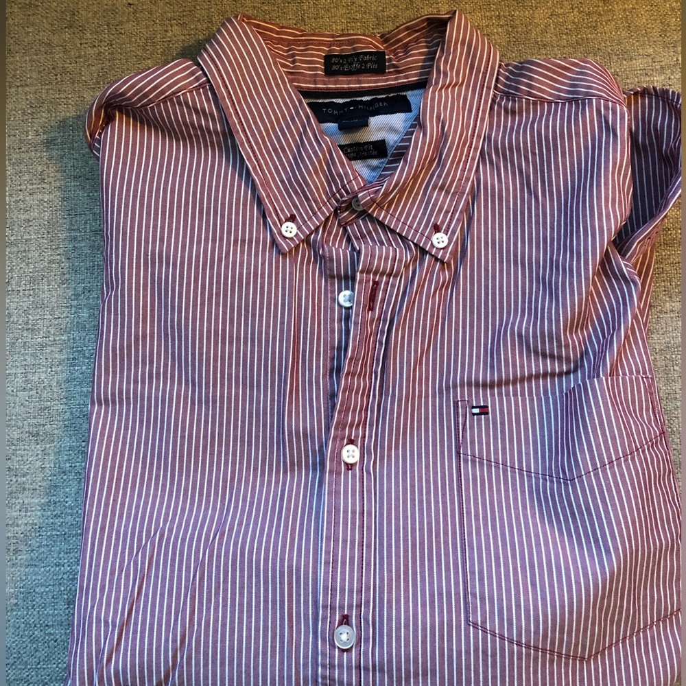 Men’s red and white pinstripe dress shirt, Tommy Hilfiger, business shirt
